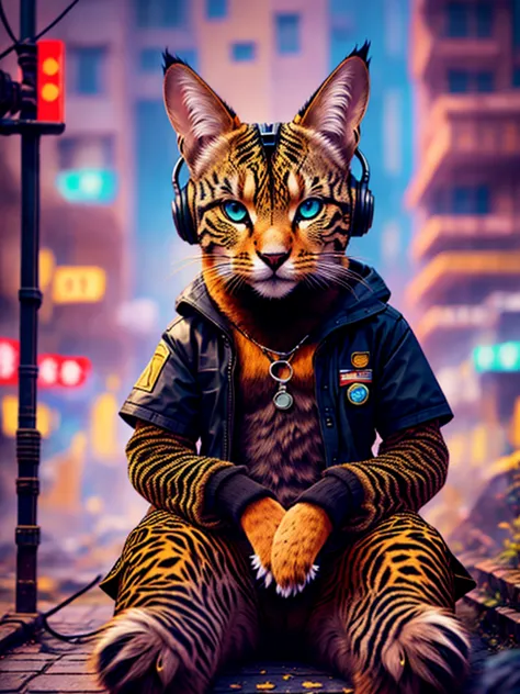 an anthropomorphic black cat with headphones and a jacket is sitting in the middle of a road, cyberpunk and post-soviet modernis...