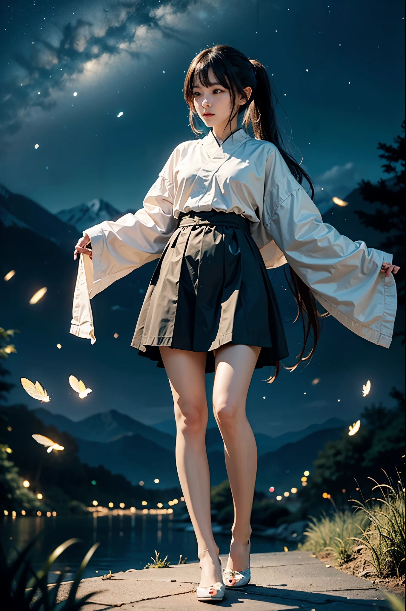 (masterpiece),4k, (ultra realistic), (best quality), 1girl, a beautiful japanese slim girl standing, beautiful face, night, stars, (long ponytail), (far view), black stocking, full body, stars,many fireflies around , mountain