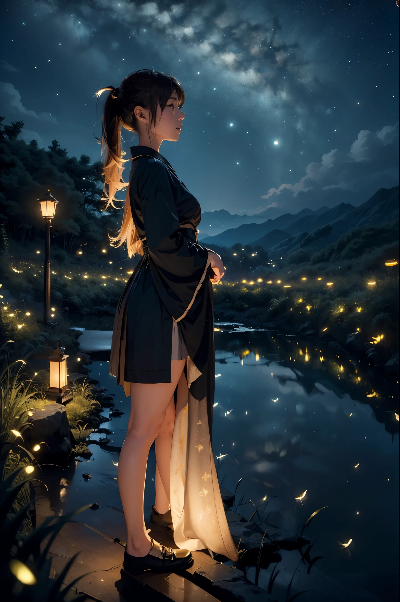 (masterpiece),4k, (ultra realistic), (best quality), 1girl, a beautiful japanese slim girl standing, beautiful face, night, stars, (long ponytail), (far view), black stocking, full body, stars,many fireflies around , mountain