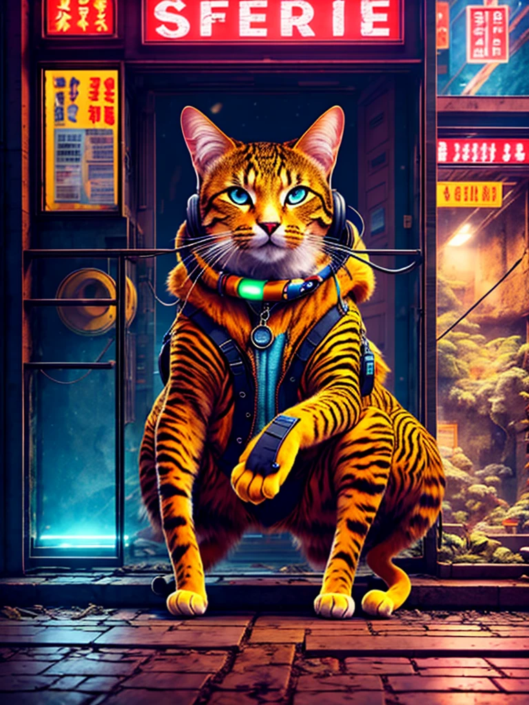 An anthropomorphic cat with headphones and a jacket is sitting in the middle of a road, Cyberpunk and post-Soviet modernism-themed style. Close view, neon lights., Pop art, Pixar, Three-sided view, UHD, anatomicamente correto, pele texturizada, super detalhe, alta qualidade, 4K