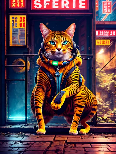 An anthropomorphic cat with headphones and a jacket is sitting in the middle of a road, Cyberpunk and post-Soviet modernism-them...