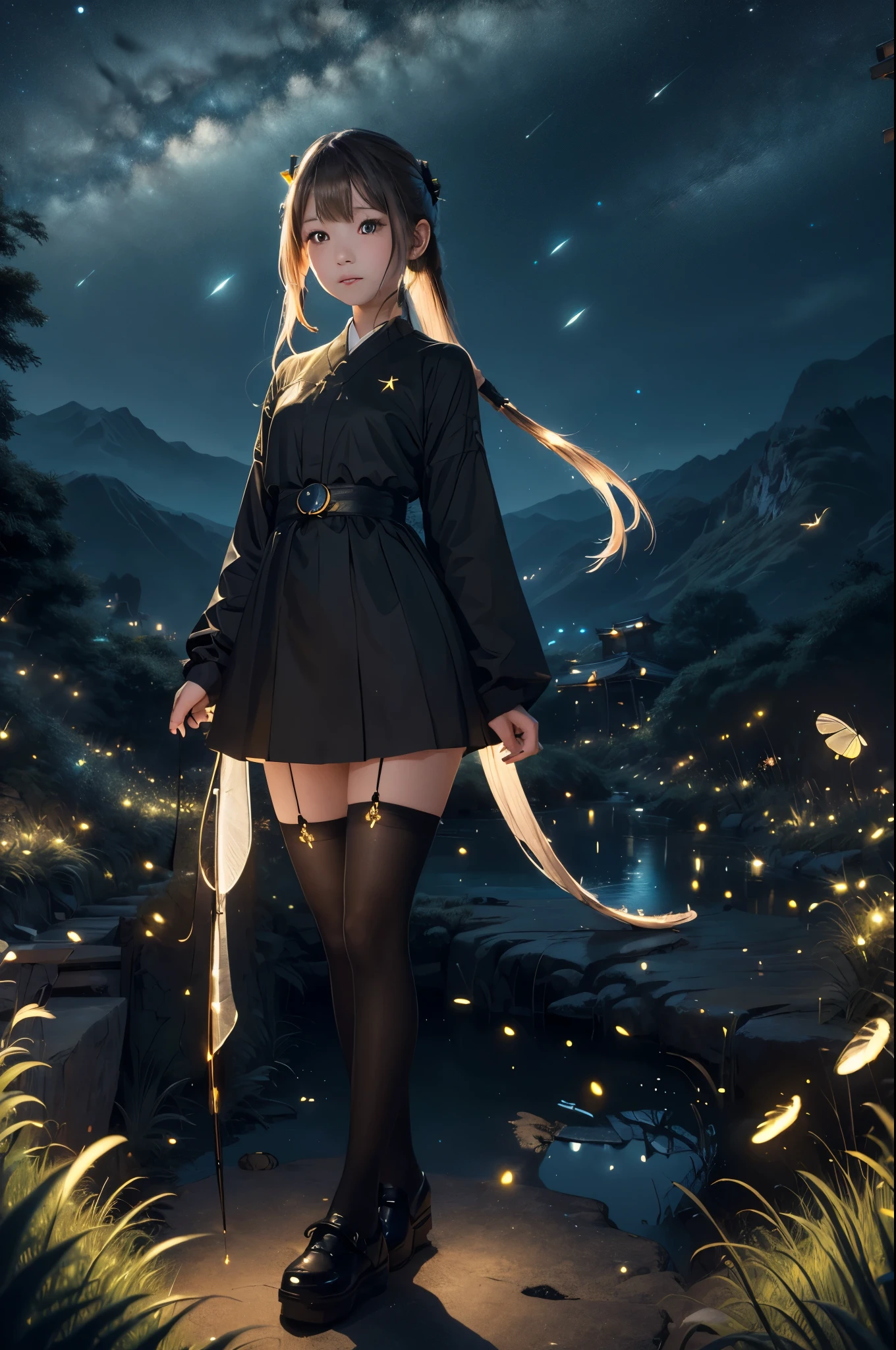 (masterpiece),4k, (ultra realistic), (best quality), 1girl, a beautiful japanese slim girl standing, beautiful face, night, stars, (long ponytail), (far view), black stocking, full body, stars,many fireflies around , mountain