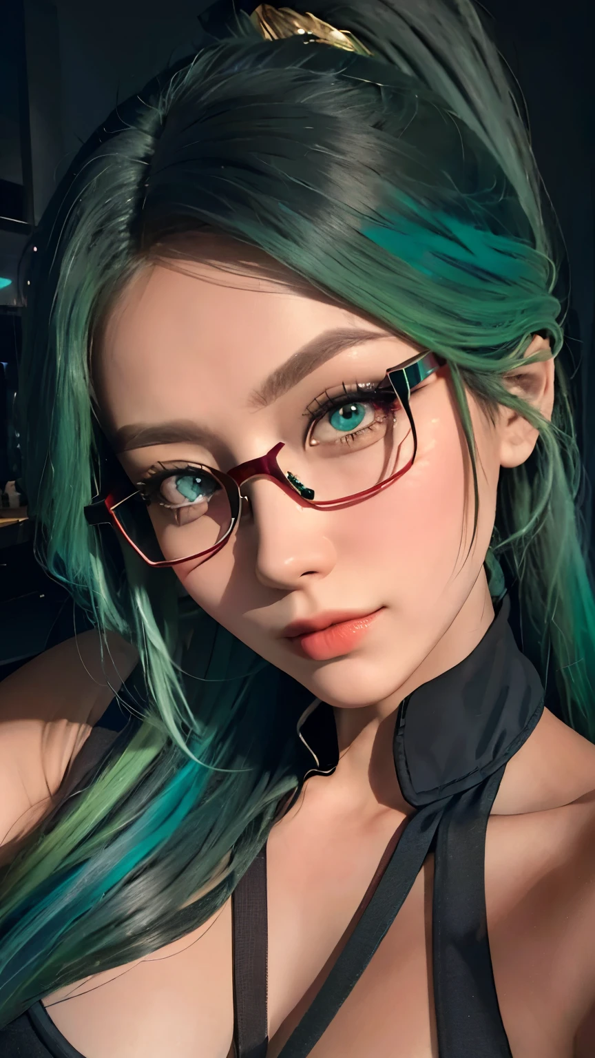 ((lifelike, original photo, best quality, masterpiece :1.3)), a beautiful woman, Urzan,long hair,Long ponytail，grey-blue hair and green hair, Long ponytail, charming gaze,light green eyes,red glasses，Red Half-rimmed Glasses， Surreal, dynamic lighting, Cinema lighting, in the darkness:1.6, deep shadow, The facial details are very rich