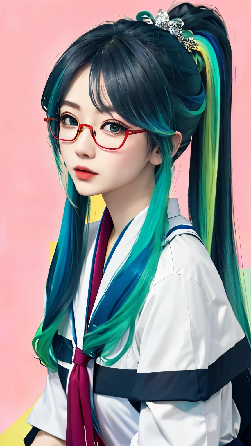 white sailor suit, Off the shoulders，浅green眼睛，colored hair（Gray-black、green、pink）， Long ponytail，Good-looking hair accessories，浅green眼睛，red glasses，Red Half-rimmed Glasses，huge ，纯色background（rainbow，colorful，Splash），((top quality, 8k, masterpiece)), above waist， (Colorful_background:1.3),