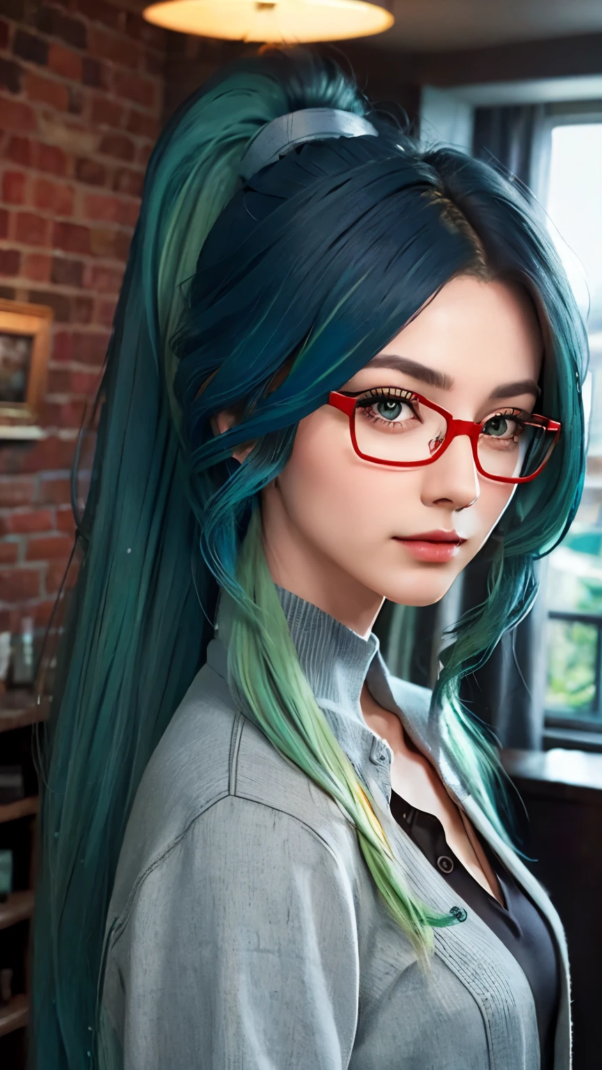 ((lifelike, original photo, best quality, masterpiece :1.3)), a beautiful woman, Urzan,long hair,Long ponytail，grey-blue hair and green hair, Long ponytail, charming gaze,light green eyes,red glasses，Red Half-rimmed Glasses， Surreal, dynamic lighting, Cinema lighting, in the darkness:1.6, deep shadow, The facial details are very rich