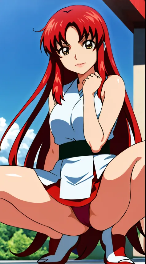 real photos、real photos、real image、Highest image quality、Meilin Hawk、Squatting、spread legs、show white panties,Anime girl with red hair and green and white dress standing in front of a blue sky, Erza Scarlet as a real person, saiyan girl, portrait zodiac gi...