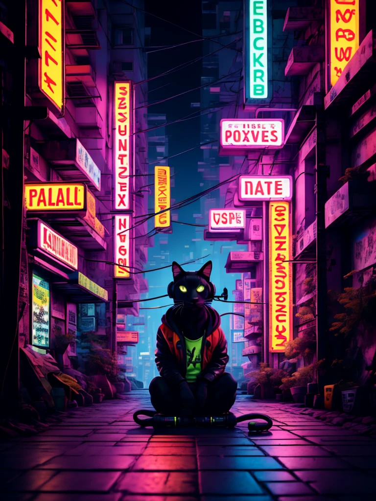 An anthropomorphic blackcat with headphones and a jacket is sitting in the middle of a road, Cyberpunk and post-Soviet modernism-themed style. Close view, neon lights., Pop art, Pixar, Three-sided view, UHD, anatomicamente correto, pele texturizada, super detalhe, alta qualidade, 4K