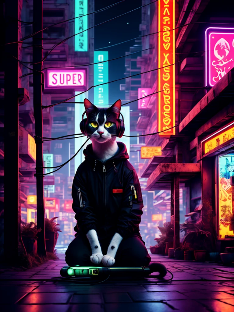 Eine anthropomorphe Katze mit Kopfhörern und Jacke sitzt mitten auf einer Straße, Cyberpunk and post-Soviet modernism-themed style. Ansicht schließen, Neonlichter., Pop-Art, Pixar, Dreiseitenansicht, UHD, anatomisch korrekt, strukturierte Haut, Super Detail, gute Qualität, 4K