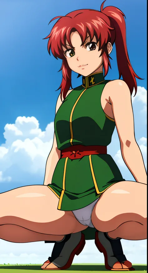 real photos、real photos、real image、Highest image quality、Meilin Hawk、Squatting、one knee、spread legs、show white panties,Anime girl with red hair and green and white dress standing in front of a blue sky, Erza Scarlet as a real person, saiyan girl, portrait ...
