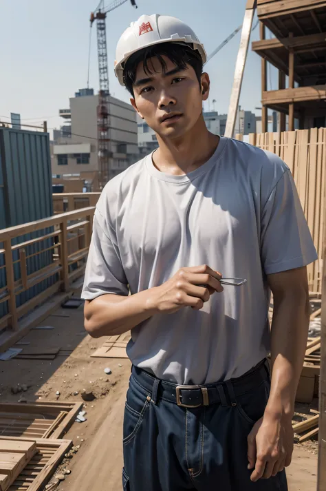 8K、highest quality、２５elder、work at a construction site、アジア人male性、work in sweat、male、