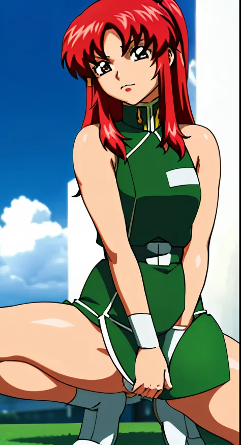 real photos、real photos、real image、Highest image quality、one knee、Meilin Hawk、Squatting、spread legs、show white panties,Anime girl with red hair and green and white dress standing in front of a blue sky, Erza Scarlet as a real person, saiyan girl, portrait ...