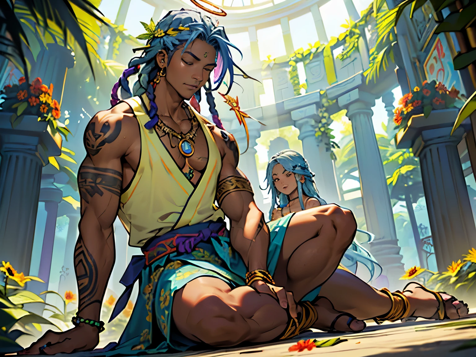 (Exterior: cannabis indica temple garden with sunflowers and tulips in bloom with overgrown cannabis shrubs), the scene depicting two lovers sharing a peaceful morning together,
((Figure 1: 1girl, dark-skinned Haitian woman, plump, violet hair, multicolored hair, hair between eyes, dreadlocks, messy hair, glowing halo, scar on cheek, cannabis leaf hair ornament, wearing flowing colorful sundress, sitting comfortably while rolling herbal joint peacefully)) next to ((Figure 2: 1boy, tan Caribbean man, athletic build, flowing braided blue hair, two-tone color hair, prayer bead necklace, wearing tight dark tank top, wearing colorful detailed ornate hakama with sigil designs, tattooed arms and body, kneeling next to girl in peaceful prayer))