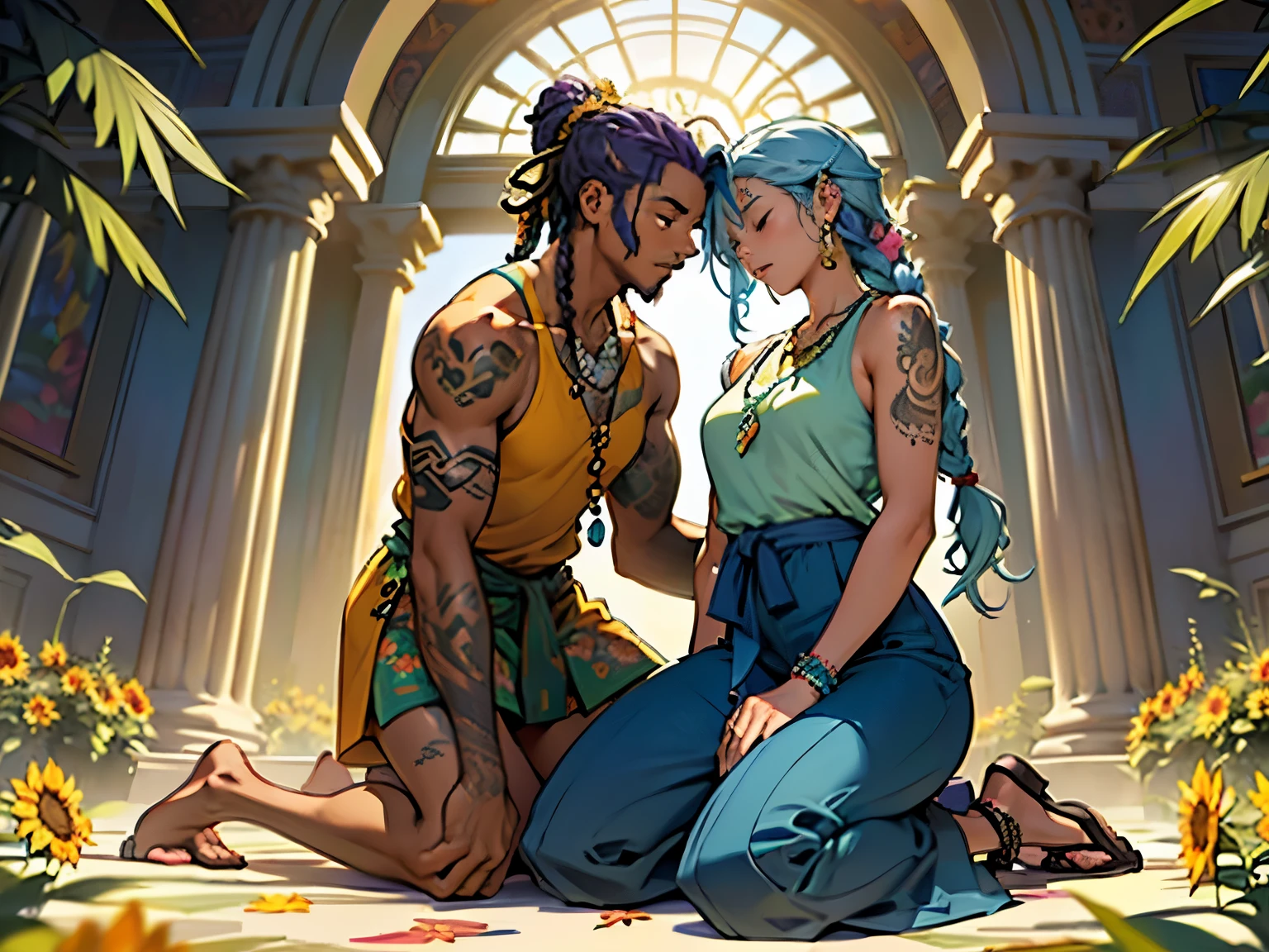 (Exterior: cannabis indica temple garden with sunflowers and tulips in bloom with overgrown cannabis shrubs), the scene depicting two lovers sharing a peaceful morning together,
((Figure 1: 1girl, dark-skinned Haitian woman, plump, violet hair, multicolored hair, hair between eyes, dreadlocks, messy hair, glowing halo, scar on cheek, cannabis leaf hair ornament, wearing flowing colorful sundress, sitting comfortably while rolling herbal joint peacefully)) next to ((Figure 2: 1boy, tan Caribbean man, athletic build, flowing braided blue hair, two-tone color hair, prayer bead necklace, wearing tight dark tank top, wearing colorful detailed ornate hakama with sigil designs, tattooed arms and body, kneeling next to girl in peaceful prayer))