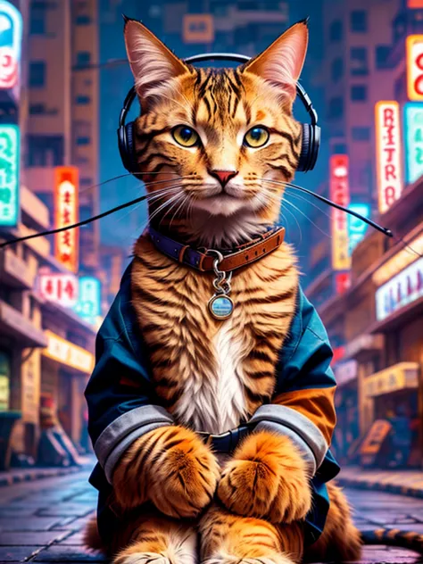 an anthropomorphic cat with headphones and a jacket is sitting in the middle of a road, cyberpunk and post-soviet modernism-them...