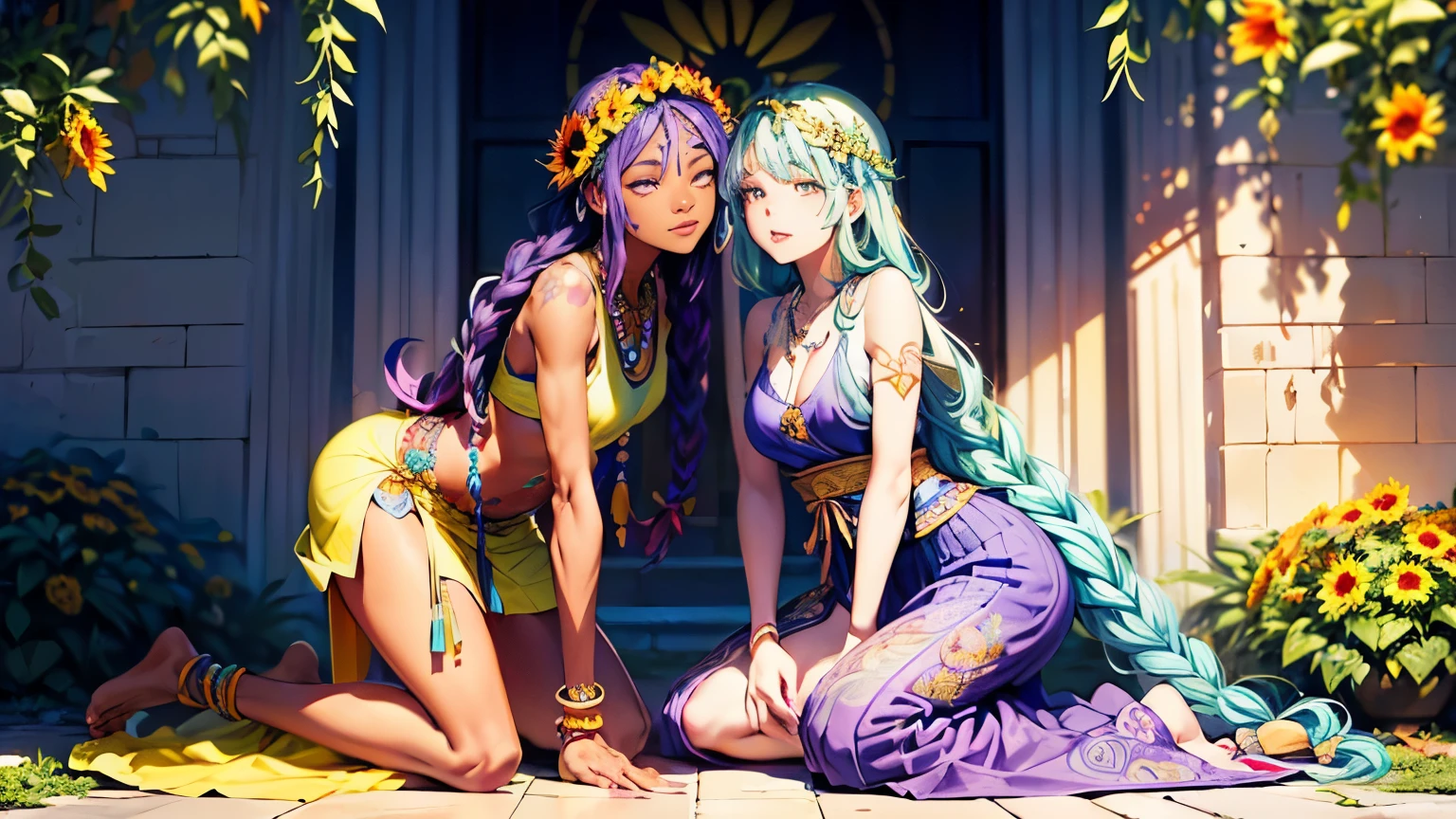 (Exterior: cannabis indica temple garden with sunflowers and tulips in bloom with overgrown cannabis shrubs), the scene depicting two lovers sharing a peaceful morning together,
((Figure 1: 1girl, dark-skinned Haitian woman, plump, violet hair, multicolored hair, hair between eyes, dreadlocks, messy hair, glowing halo, scar on cheek, cannabis leaf hair ornament, wearing flowing colorful sundress, sitting comfortably while rolling herbal joint peacefully)) next to ((Figure 2: 1boy, tan Caribbean man, athletic build, flowing braided blue hair, two-tone color hair, prayer bead necklace, wearing tight dark tank top, wearing colorful detailed ornate hakama with sigil designs, tattooed arms and body, kneeling next to girl in peaceful prayer))