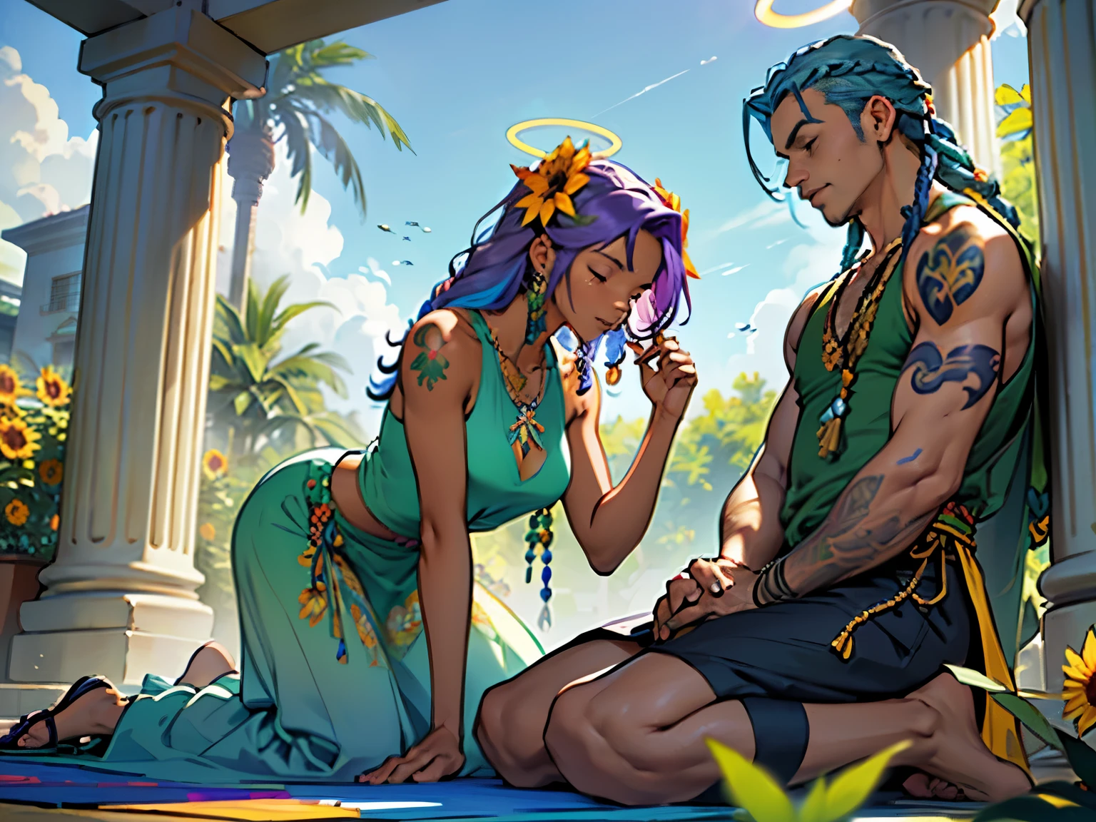 (Exterior: cannabis indica temple garden with sunflowers and tulips in bloom with overgrown cannabis shrubs), the scene depicting two lovers sharing a peaceful morning together,
((Figure 1: 1girl, dark-skinned Haitian woman, plump, violet hair, multicolored hair, hair between eyes, dreadlocks, messy hair, glowing halo, scar on cheek, cannabis leaf hair ornament, wearing flowing colorful sundress, sitting comfortably while rolling herbal joint peacefully)) next to ((Figure 2: 1boy, tan Caribbean man, athletic build, flowing braided blue hair, two-tone color hair, prayer bead necklace, wearing tight dark tank top, wearing colorful detailed ornate hakama with sigil designs, tattooed arms and body, kneeling next to girl in peaceful prayer))