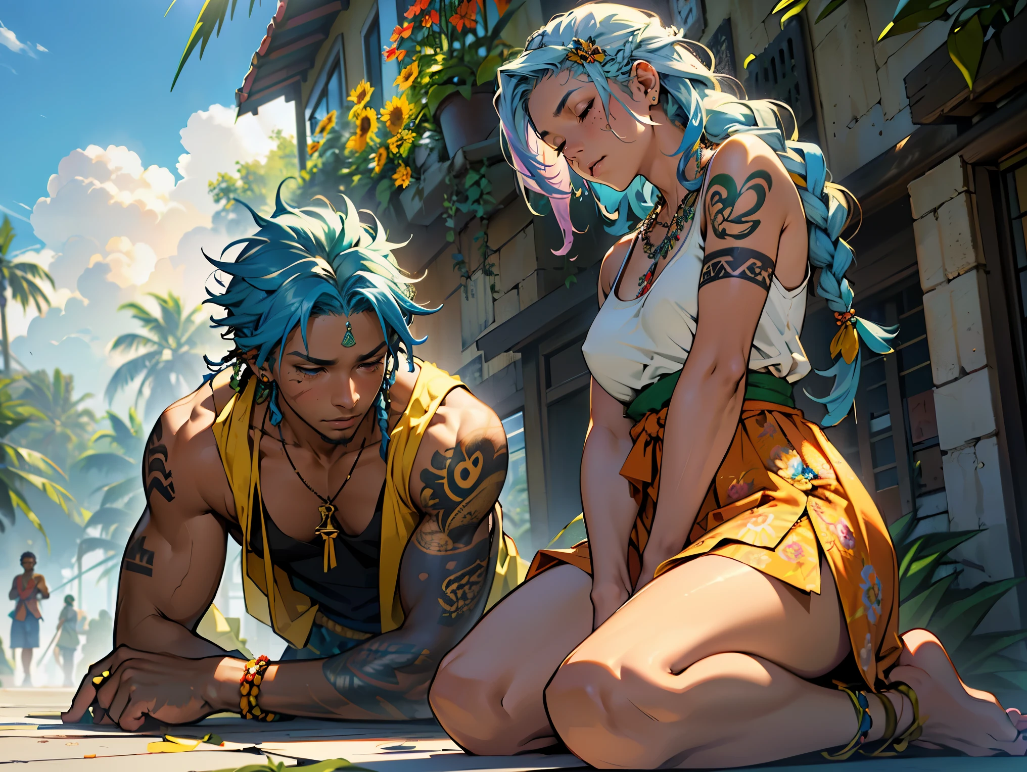 (Exterior: cannabis indica temple garden with sunflowers and tulips in bloom with overgrown cannabis shrubs), the scene depicting two lovers sharing a peaceful morning together,
((Figure 1: 1girl, dark-skinned Haitian woman, plump, violet hair, multicolored hair, hair between eyes, dreadlocks, messy hair, glowing halo, scar on cheek, cannabis leaf hair ornament, wearing flowing colorful sundress, sitting comfortably while rolling herbal joint peacefully)) next to ((Figure 2: 1boy, tan Caribbean man, athletic build, flowing braided blue hair, two-tone color hair, prayer bead necklace, wearing tight dark tank top, wearing colorful detailed ornate hakama with sigil designs, tattooed arms and body, kneeling next to girl in peaceful prayer))