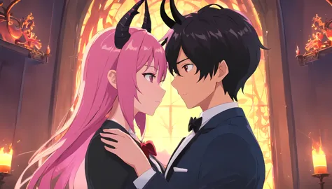 1 man (demon lord, demon horns, black hair wearing tuxedo) and 1 woman (succubus, demon horns, pink hair, wearing tuxedo), both kissing each other, frenchkiss, loving each other, detailed eyes, detailed face, detailed outfit, the background is dark old man...