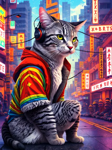 An anthropomorphic cat with headphones and a jacket is sitting in the middle of a road, Cyberpunk and post-Soviet modernism-them...