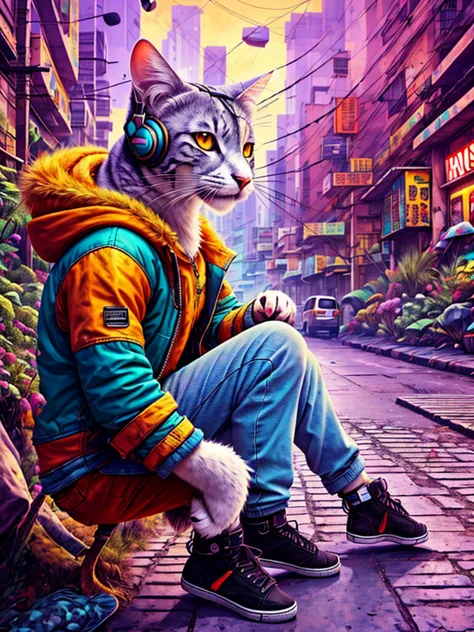 An anthropomorphic cat with headphones and a jacket is sitting in the middle of a road, Cyberpunk and post-Soviet modernism-them...