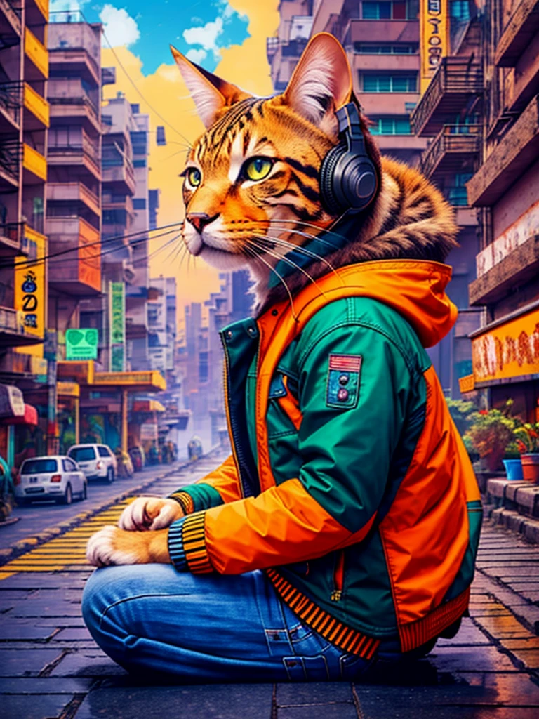 An anthropomorphic cat with headphones and a jacket is sitting in the middle of a road, Cyberpunk and post-Soviet modernism-themed style. Close view, neon lights., Pop art, Pixar, Three-sided view, UHD, anatomicamente correto, pele texturizada, super detalhe, alta qualidade, 4K