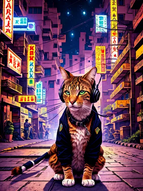 An anthropomorphic cat with headphones and a jacket is sitting in the middle of a road, Cyberpunk and post-Soviet modernism-them...