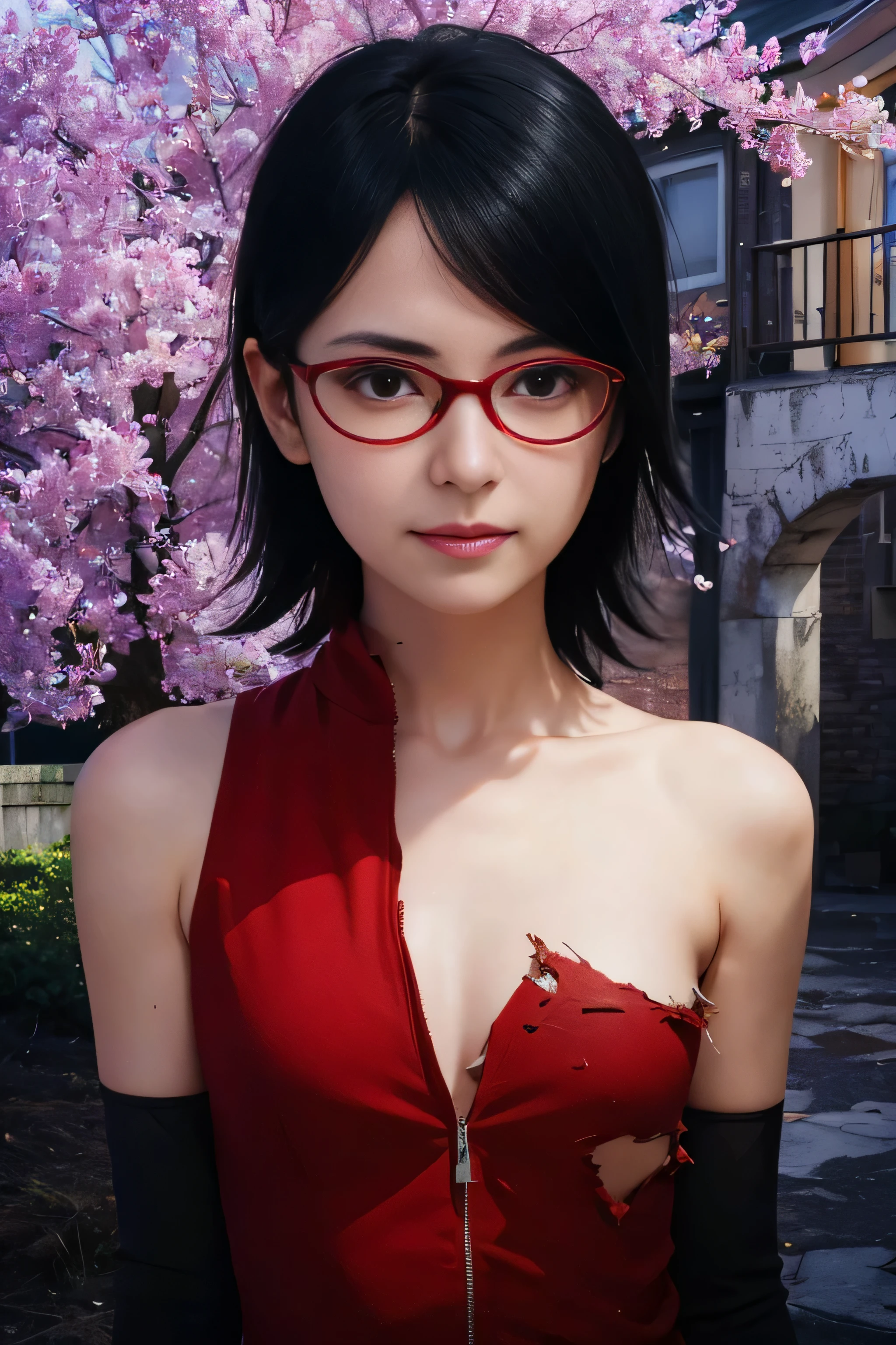 masterpiece, best quality, (realistic,photo-realistic:1.4), (RAW photo:1.2), extremely detailed CG unity 8k wallpaper, delicate and beautiful, amazing,finely detail, official art, absurdres, incredibly absurdres, huge filesize, ultra-detailed,extremely detailed eyes and face,light on face,(little smile),sarada uchiha,(black hair:1.4),(short hair:1.6),(wearing torn clothes:1.4),(outdoor background:1.4)night,garden,(wearing red framed glasses:1.4)