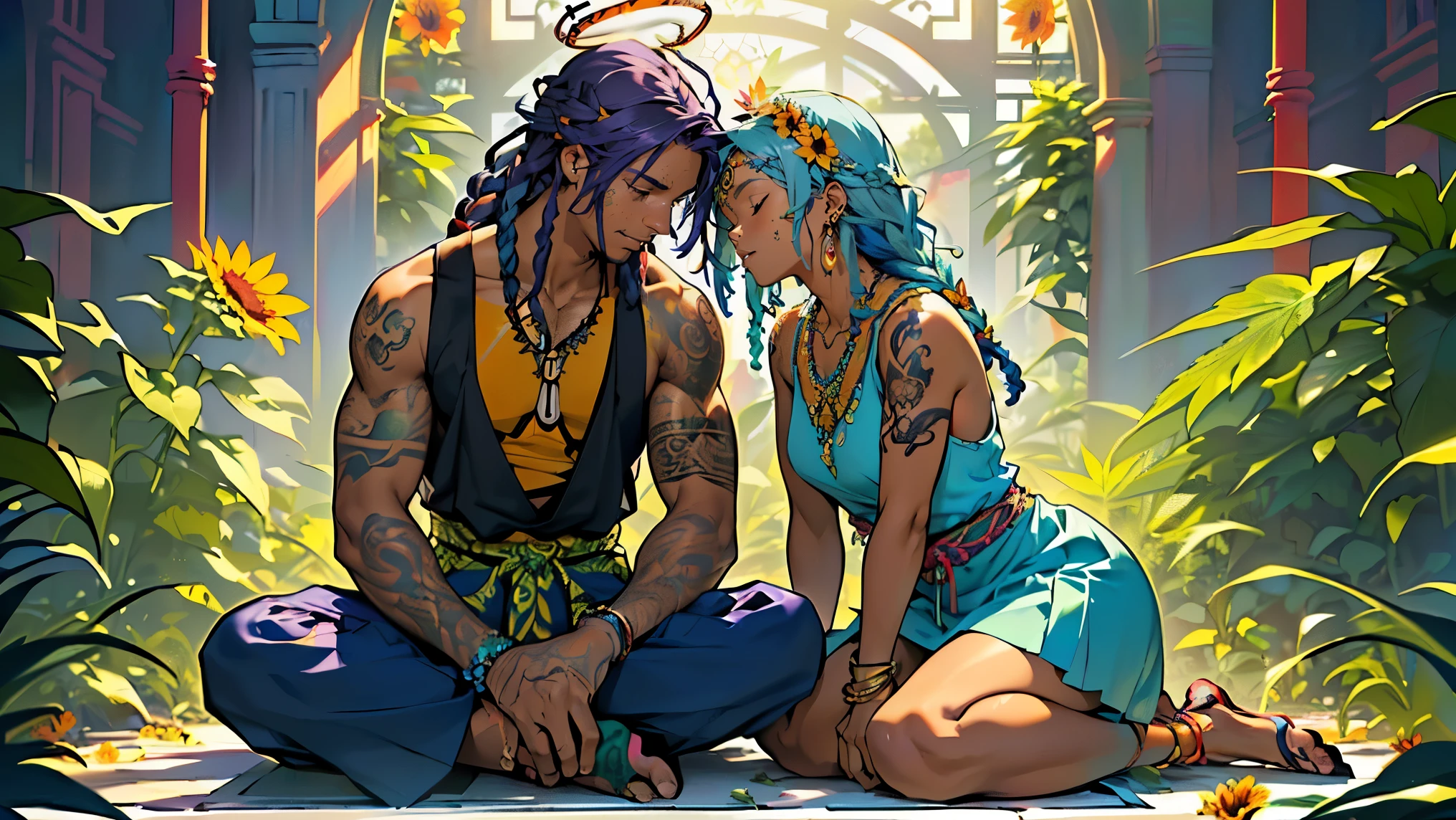 (Exterior: cannabis indica temple garden with sunflowers and tulips in bloom with overgrown cannabis shrubs), the scene depicting two lovers sharing a peaceful morning together,
((Figure 1: 1girl, dark-skinned Haitian woman, plump, violet hair, multicolored hair, hair between eyes, dreadlocks, messy hair, glowing halo, scar on cheek, cannabis leaf hair ornament, wearing flowing colorful sundress, sitting comfortably while rolling herbal joint peacefully)) next to ((Figure 2: 1boy, tan Caribbean man, athletic build, flowing braided blue hair, two-tone color hair, prayer bead necklace, wearing tight dark tank top, wearing colorful detailed ornate hakama with sigil designs, tattooed arms and body, kneeling next to girl in peaceful prayer))