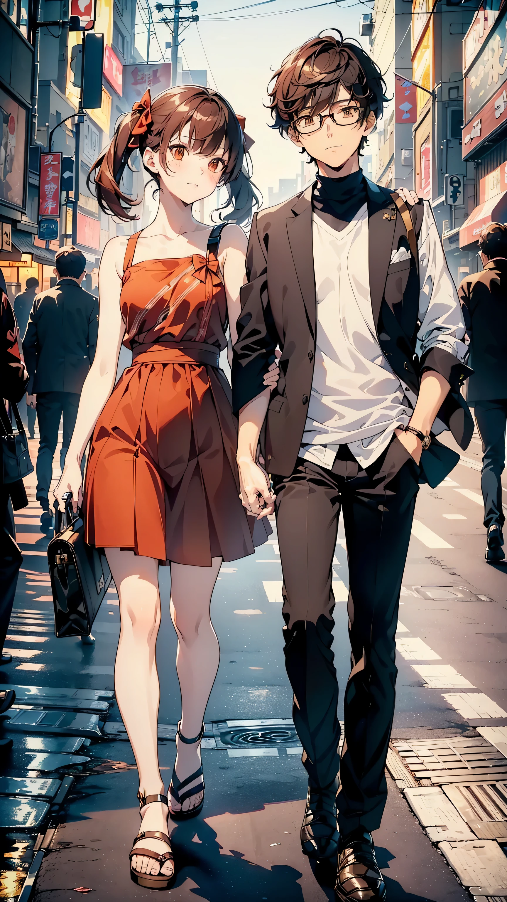 ((top quality, ultra detailed, high resolution, Extremely detailed CG, unity wallpaper 8k, by famous artist, Perfect anatomy, super detailed skin, cinematic lighting, HD, retina, Anatomically correct, 1080P)), ((Please draw a couple in love of one girl and one boy in a lovely date:1.3), ((a girl with a boy)), ((Girl details: face,:3.0, , Child, Very pretty teenager, king, teenager body  shape, skinny, immature, moe, kawaii, Beautiful, bidding, A high school student, Androgynous Amulet, medium hair, girl with completely red hair, redhead, Collections, straight bangs, with a little bow in her hair, Complete ends, full fingers, perfect fingers, flat chest, body , Small rear, ingle, Beautiful detailed yellow gold filled eyes., Perfect eyes, japanese kawaii dress with pastel colors and Beautiful designs, bare arms and shoulders, sleeveless, thin legs, Small height, short height, , short, bidding face, Girl without glasses, full body view, standing, legs, a girl's body)) ((Details of the : face, 1:2.0, amamiya-ren, athletic, manly, masculine, elegant, mature boy, A high school student, boy with dark brown hair, Complete ends, full fingers, perfect fingers, perfect arms, masculine, manly, Small rear, Beautiful dark brown eyes full of details,  with glasses, Perfect eyes, ropa juvenil elegant hombre, the boy is more mature, mature boy)) (detailed lighting), (detailed background), ((romantic date at night walking through the streets of Tokyo)), Full body shot, ((perfect every 5 fingers)) ((A Man and a Woman)) ((Girl with red hair)) ((boy with dark brown hair)) ((romantic)) ((in love)) ((happy face)) ((smiling))