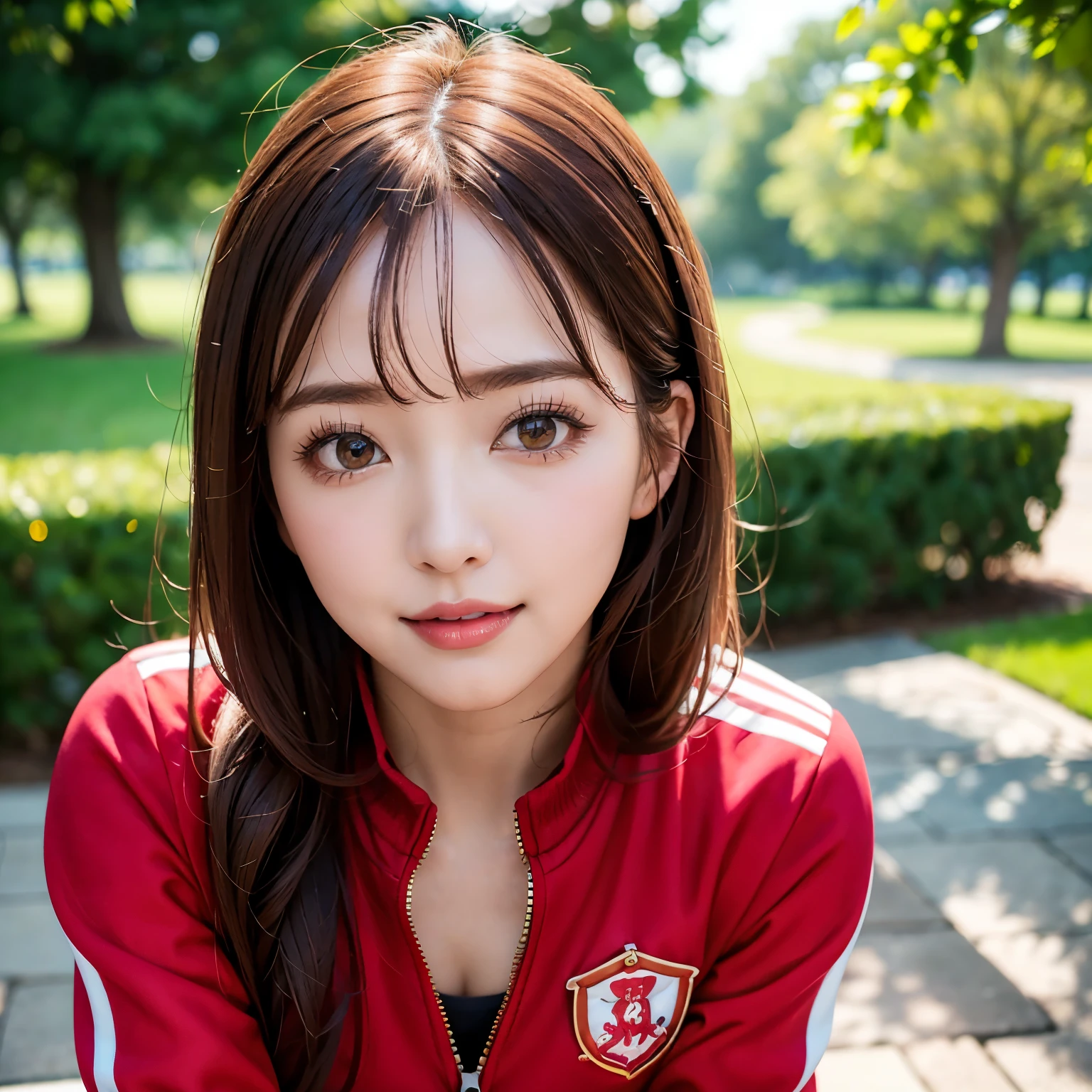 (highest quality、table top、8K、best image quality、Award-winning work)、one beautiful woman、Shining beautiful skin、(the most stylish red tracksuit:1.2)、(Opening the jersey zipper reveals a small cleavage:1.3)、(The most natural and perfect tracksuit:1.2)、Shining ultra-high definition skin、(accurate anatomy:1.2)、A gentle smile looking at me、(photo from the chest up:1.1)、(close up of face:1.05)、Standing gracefully、(Blurry park background:1.2)、portrait photography、(draw softly and smoothly:1.1)、(very bright and vivid:1.1)、very romantic、光を受けてShining beautiful skin、(very bright and refreshing:1.1)、(the most detailed and perfect face:1.1)、(most detailed glowing eyes:1.1)、(beautiful and moisturized skin:1.1)