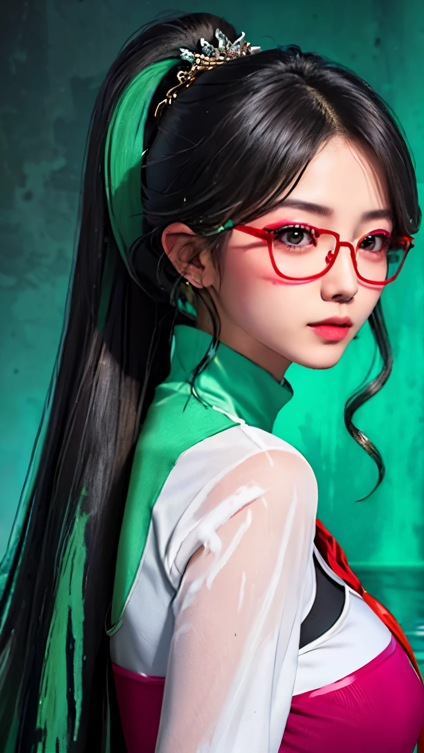 （masterpiece、best quality、high resolution），Colorful background，（（paint splatter，splash of color，splash ink、splash of color）），Sweet Chinese girl，Black hair and green hair, Long ponytail，Good-looking hair accessories，red glasses，Red Half-rimmed Glasses，huge ，pink lip gloss，Sailor suit，upper part of body，The expression is fascinating，detail，emphasize，tear nevus，drenched in sweat