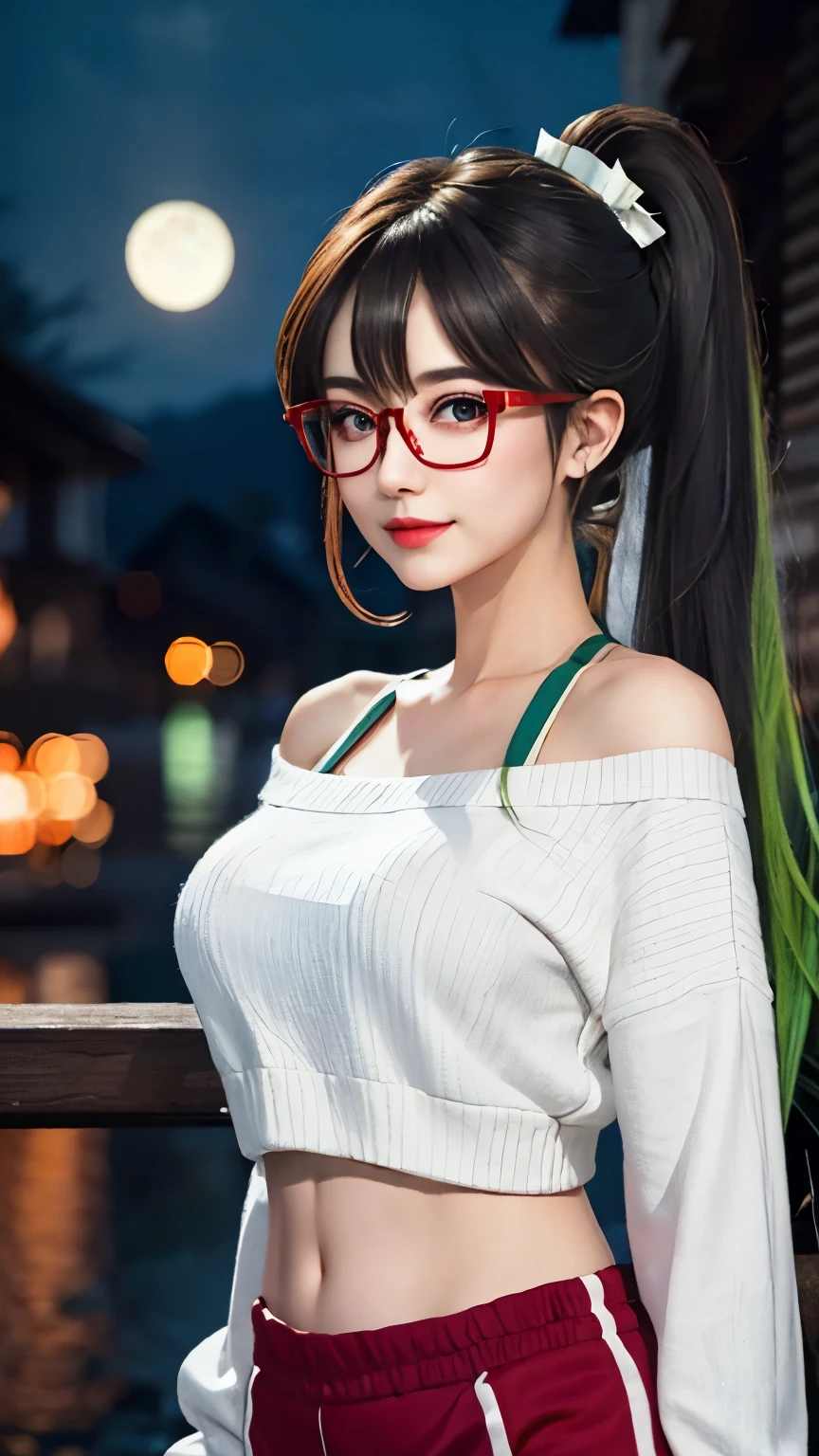 best quality，surface focus，look directly at the audience，soft light，（depth of field），ultra high resolution，（Realism：1.4），original photo，Big breasts，White clothes，open navel，bare shoulders，through bangs，Long ponytail hairstyle，灰黑色hair和绿色hair, Good-looking hair accessories，red glasses，Red Half-rimmed Glasses，medium ，（sportswear：1.4），（from the front）1 girl，solo，Lovely，（Shy，Smile：1.1），（light green eyes），Detailed beautiful face，（noon_hair）， huge moon at night，Walk，（white offshoulder shirt），