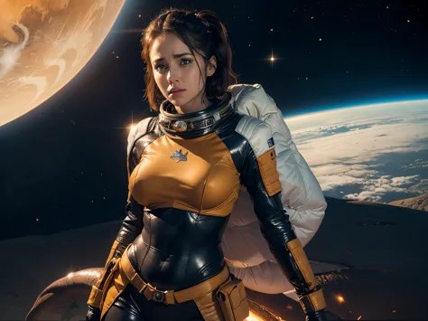 space gal in orange space suit, reloading after killing a space dragon, on a near lifeless alien desert planet.
