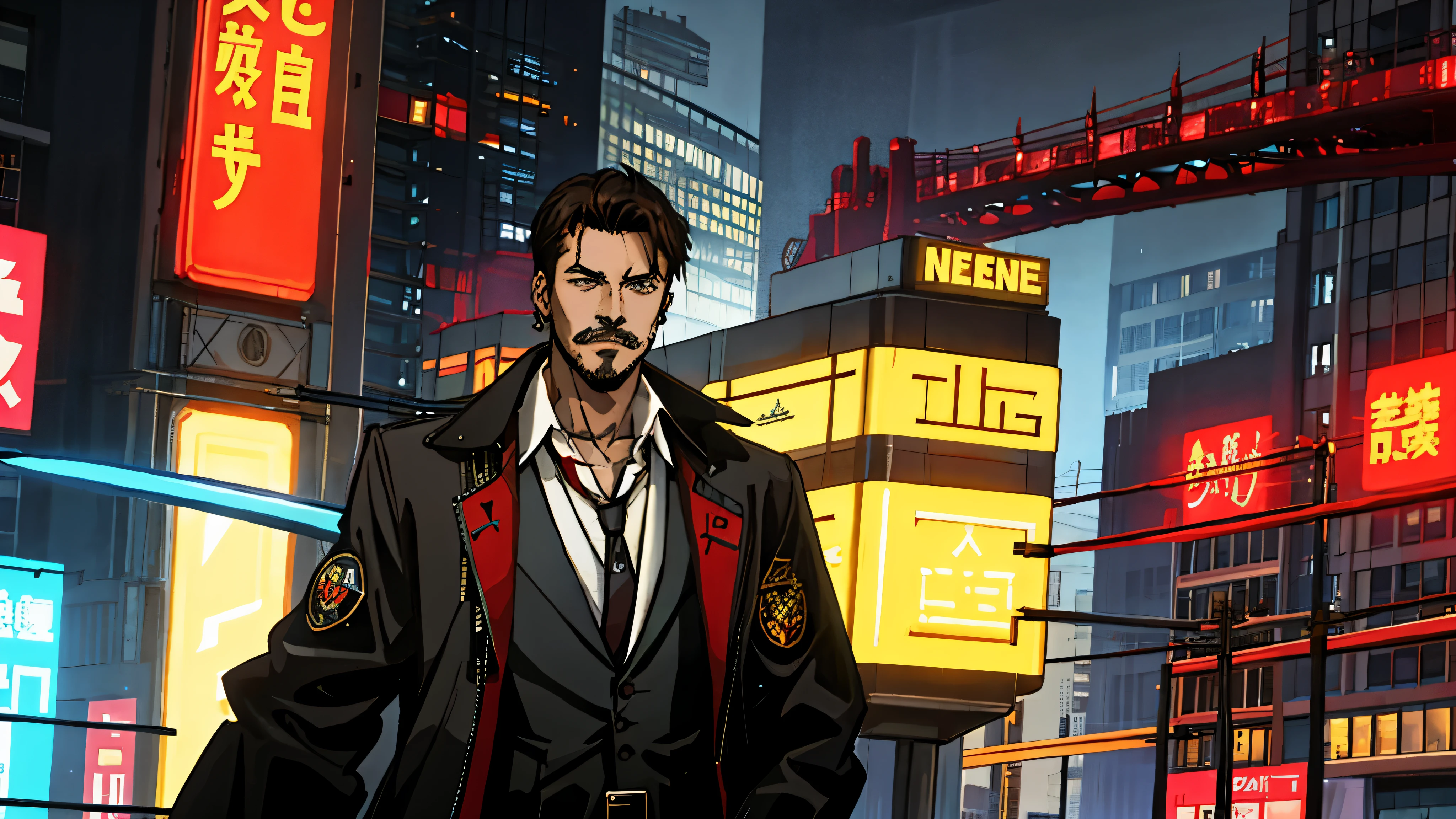 plano geral, legal, a young man with medium length black hair, olhos castanhos, brincos e uma espada nas costas, e um bigode vestindo terno e gravata, in front of a futuristic cityscape with neon lights and flying cars, a contract with the Future Devil visible in his right eye, 8k, Ciberpunk