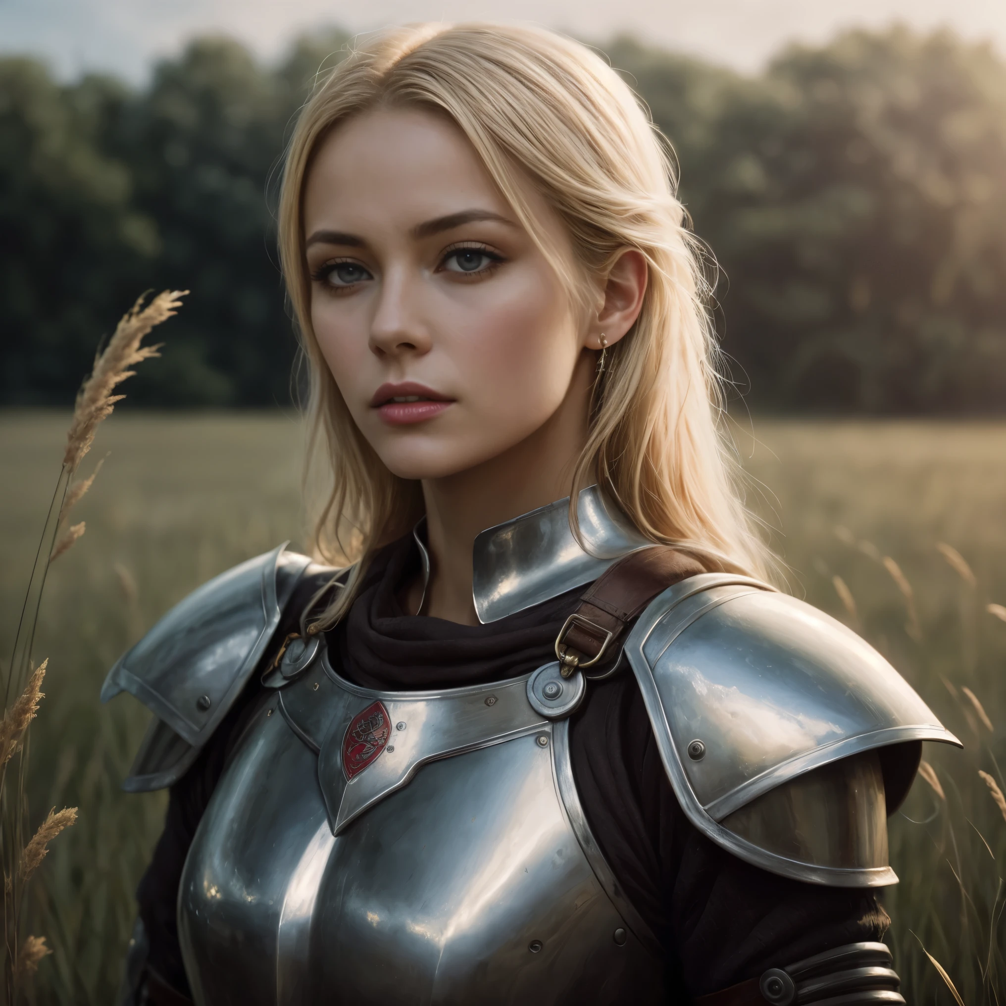 breathtaking oil painting, medieval fantasy, mature knight, commander woman, armored woman, blonde hair, high detail armor, grass field background, cinematic shot, dynamic lighting, 75mm, Technicolor, Panavision, cinemascope, sharp focus, fine details, 8k, HDR, realism, realistic, key visual, film still, superb cinematic color grading, depth of field, photorealistic oil painting, by charlie bowater, fine details, by wlop, trending on artstation, very detailed
