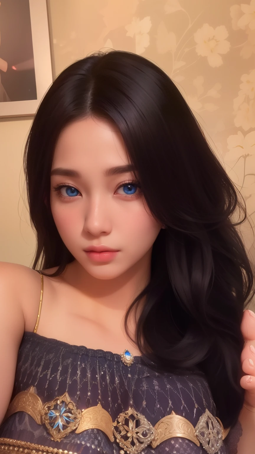 Beautiful big breastokeh), indoors, detailed luxury living room, gentle and charming beautiful goddess, Korean(kpop-idol), solo, necklace, oval face, double eyelids, smart, good hands, good feet, Natural, (from below angle), (glossy skin:1.05), ((low angle)), Perfect figure, (64k, UHD, RAW photo, best quality, masterpiece:1.4), (realistic, photo-realistic:1.37), ultra high res, photon mapping, radiosity, physically-based rendering, professional soft lighting, blue eyes, purpel hair, tattoo