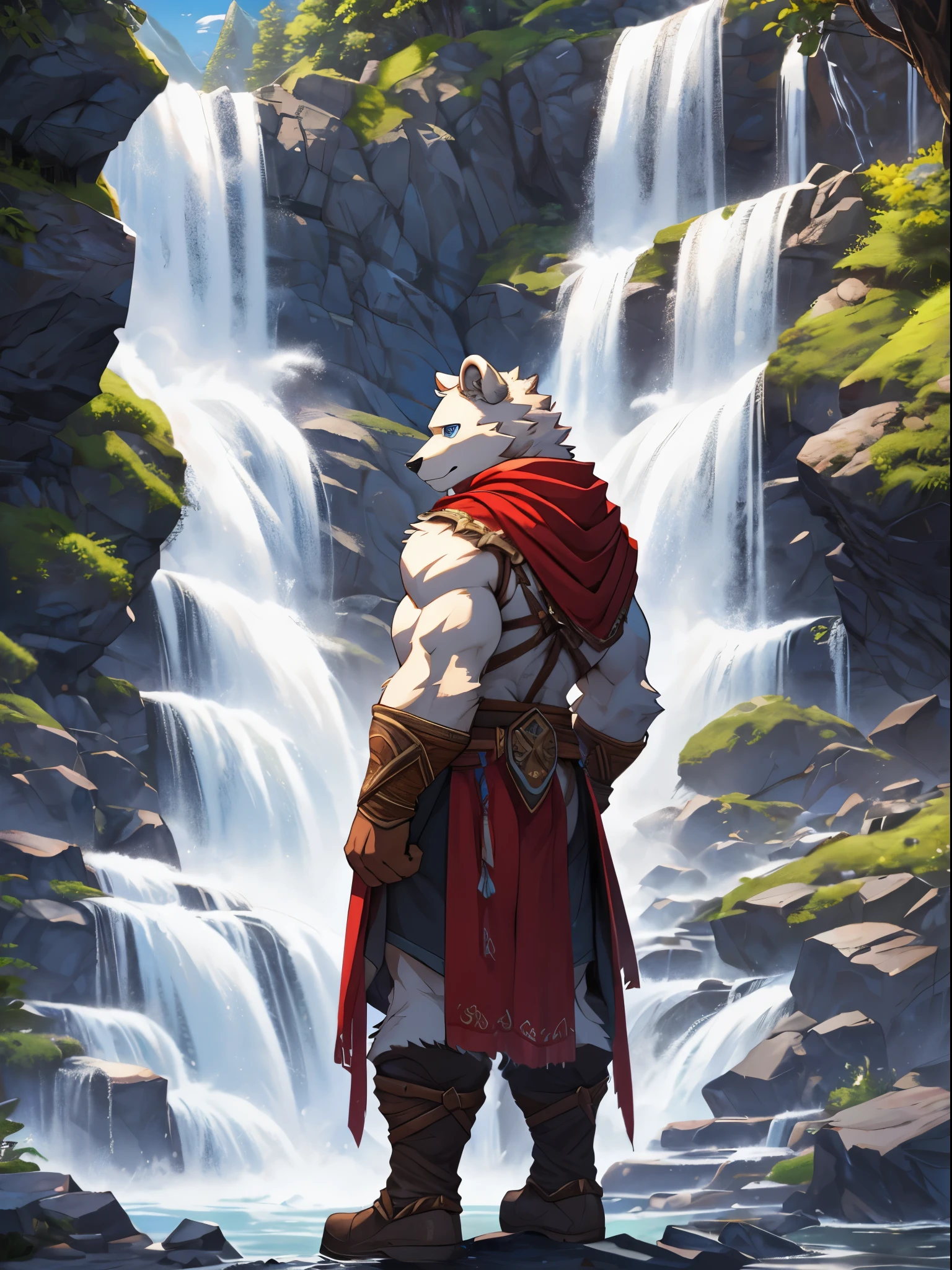 Furry,solo,white bear,Blue Eyes,Muscular,Wear an adventurer’s outfit, red cloth, red scarf, Behind is a mountain, waterfall, Standing on the rocks by the waterfall, High resolution imageHDR, 4K