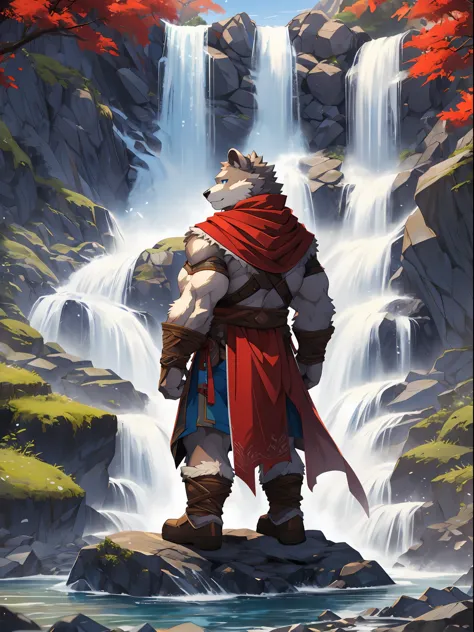 Furry, solo, white bear, Blue Eyes, Muscular, Wear an adventurer’s outfit, red cloth, red scarf, Behind is a mountain, waterfall...
