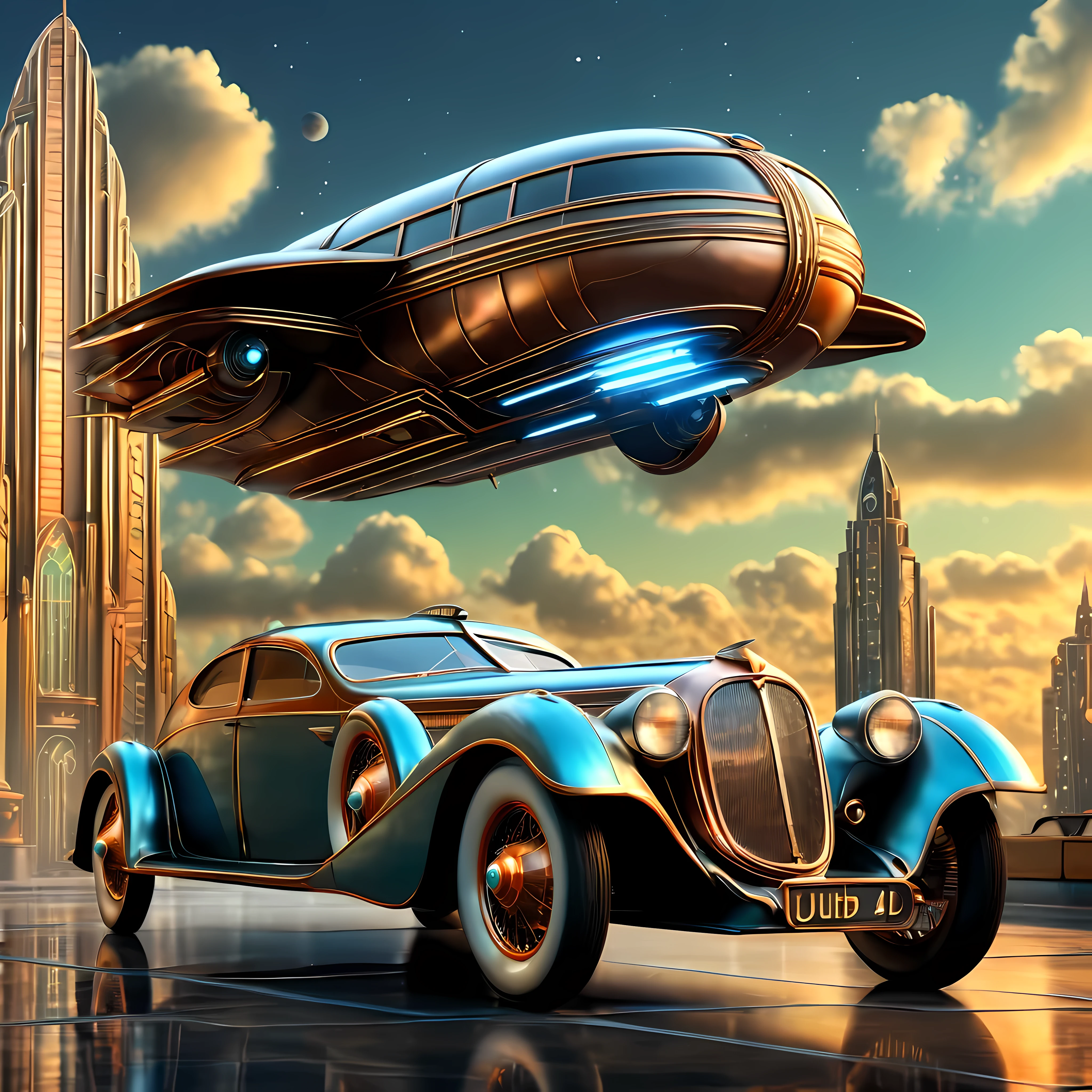 art deco style flying car, art deco style science fiction,

(best quality,4k,8k,highres,masterpiece:1.2),ultra-detailed,(realistic,photorealistic,photo-realistic:1.37),HDR,UHD,studio lighting,ultra-fine painting,sharp focus,physically-based rendering,extreme detail description,professional,vivid colors,bokeh.