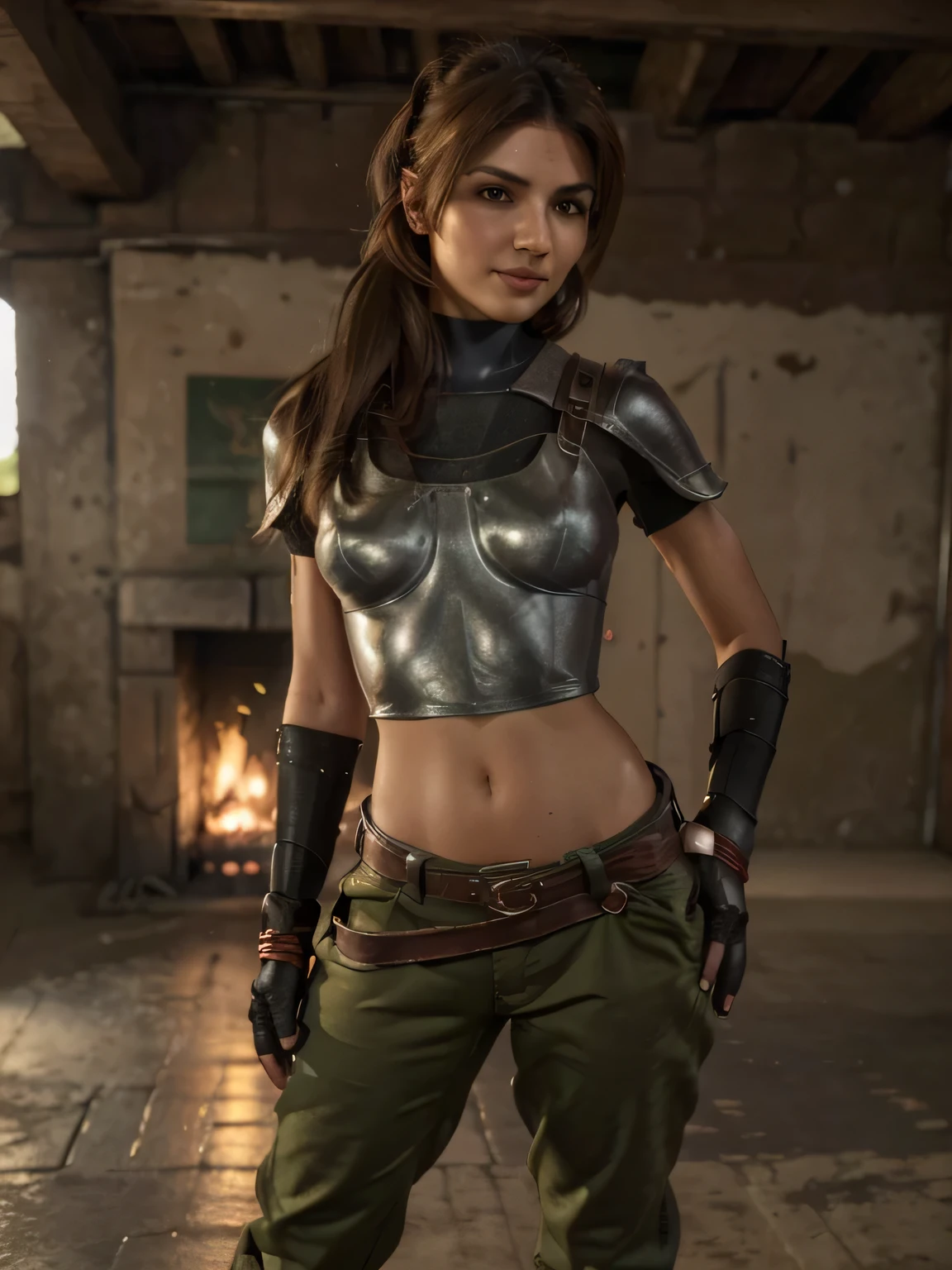 (masterpiece, best quality:1.4), (full body:1.5), (standing:1.2), 1girl, solo, (olive skin, European girl), jessie rasberry, headband, armor, blue bodysuit, belt, fingerless gloves, green pants, boots, full body, looking at viewer, sexy smile, beautiful face, highly detailed face, highly detailed olive colored skin, skin pores, in a metallurgy fabric, subsurface scattering, realistic pupils, small breast, full face blush, full lips, detailed background, depth of field, volumetric lighting, sharp focus,  realistic proportions, good anatomy, (realistic, hyperrealistic:1.4)