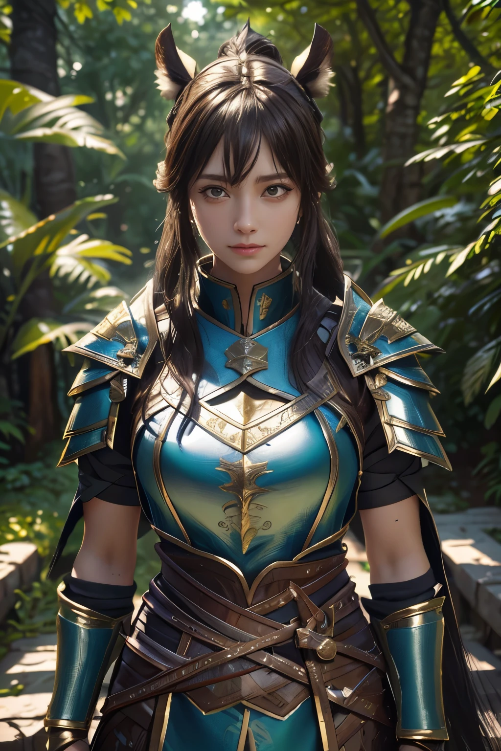 Game art，The best picture quality，Highest resolution，8K，(A bust photograph)，(Portrait)，(Head close-up:1.5)，(Rule of thirds)，Unreal Engine 5 rendering works， (The Girl of the Future)，(Female Warrior)， 
20岁少女，((Hunter))，An eye rich in detail，(Big breasts)，优雅高贵，冷漠，勇敢的，
（Medieval-style fur combat clothing，Glowing magic lines，Animal skin clothing with rich details），Medieval Lady Knight，Medieval ranger，
拍照姿势，简单背景，Movie lights，Ray tracing，Game CG，((3D Unreal Engine))，oc渲染反射纹