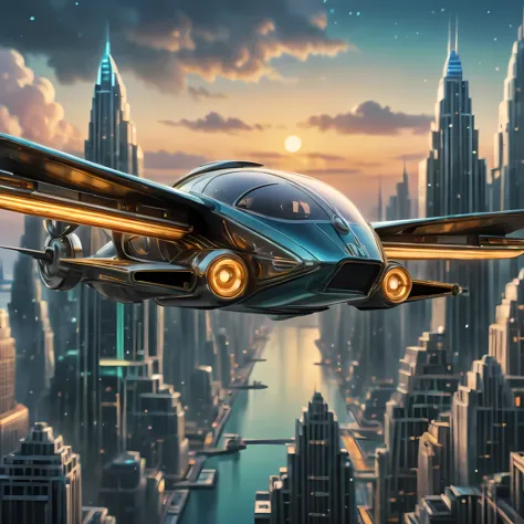 art deco style flying car, art deco style science fiction, background is vast beautiful ocean

(best quality,4k,8k,highres,maste...