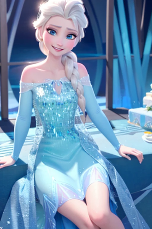 elsa of arendelle, blue ice dress, single braid, smile