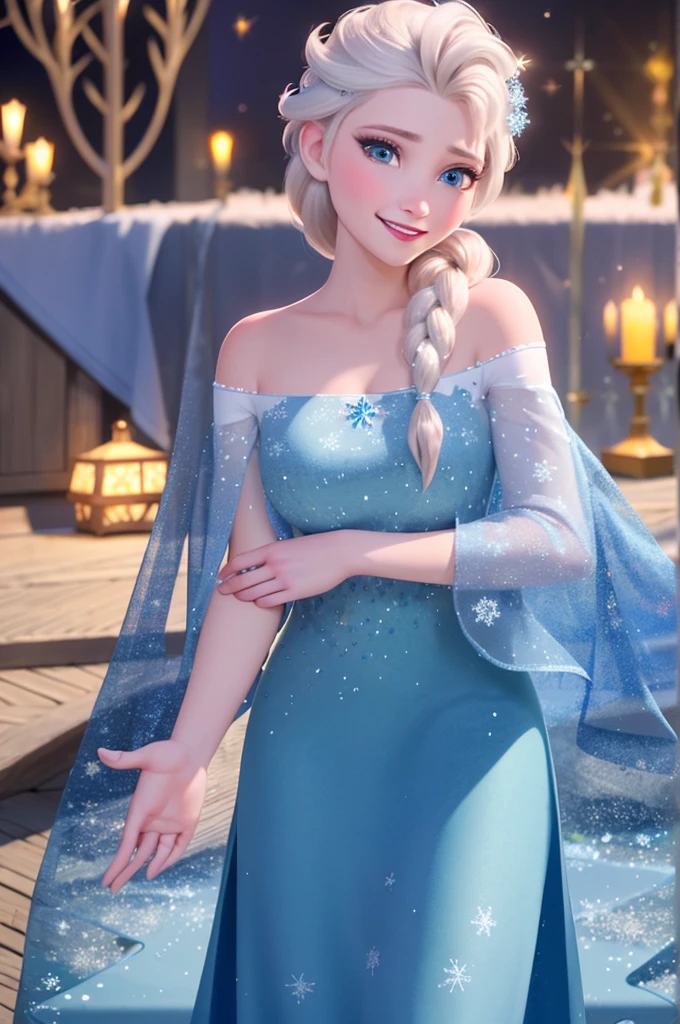 elsa of arendelle, blue ice dress, single braid, smile