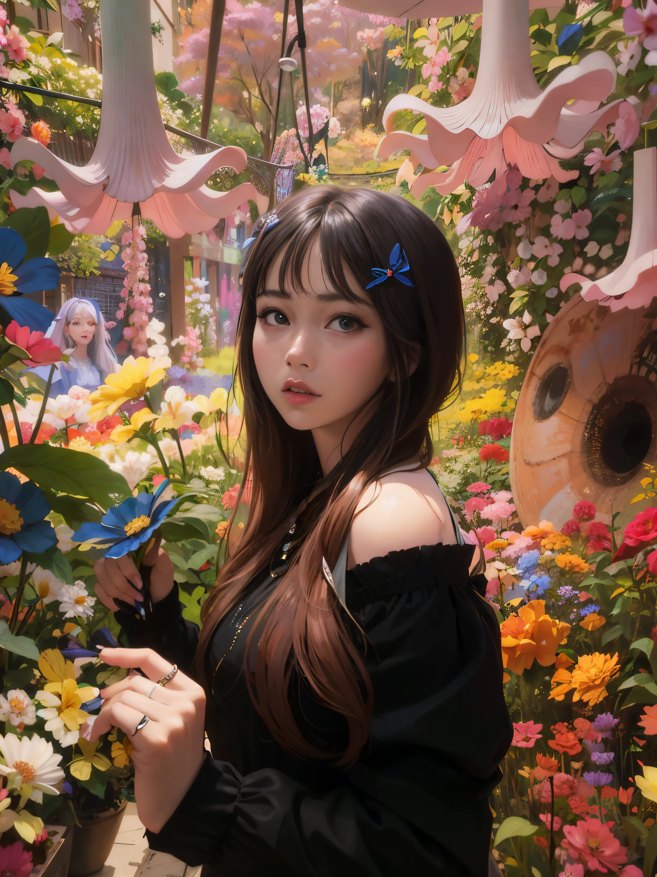 there is a woman standing in a flower garden flowers and, Larisa Manobar, blackpink jossi portrait, sakimichan, Belle Delphine, Lalisa Manoban in blackpink, Ulzzang, flowers and, flower girl, Yoshitomo Nara, inspired by Miwa Komatsu, korean artist