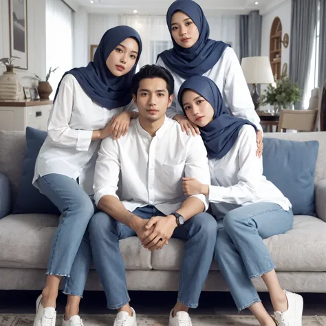 Create a friendly close-up photo style, clean face of a 31-year-old Indonesian man, wearing a white shirt and blue jeans, three ...