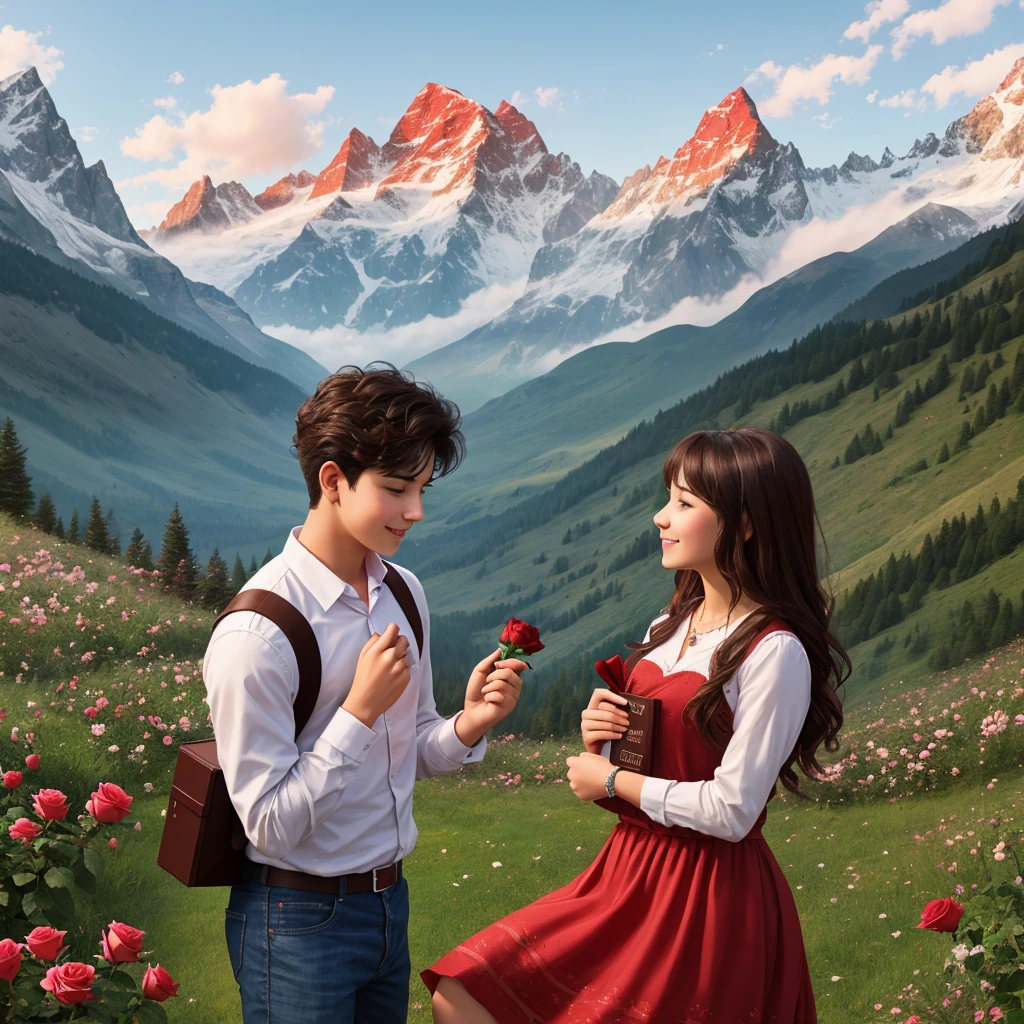 
Man kneeling offering to Standing woman a rose, hand in man back side chocolates box, symbolizing a proposal of love, embrace imminent, intense emotion conveyed in facial expressions, sunset backdrop casts warm glow on scene, shadows lengthening, romantic atmosphere accentuated by scattered rose petals, soft focus, uses golden ratio, digital painting.