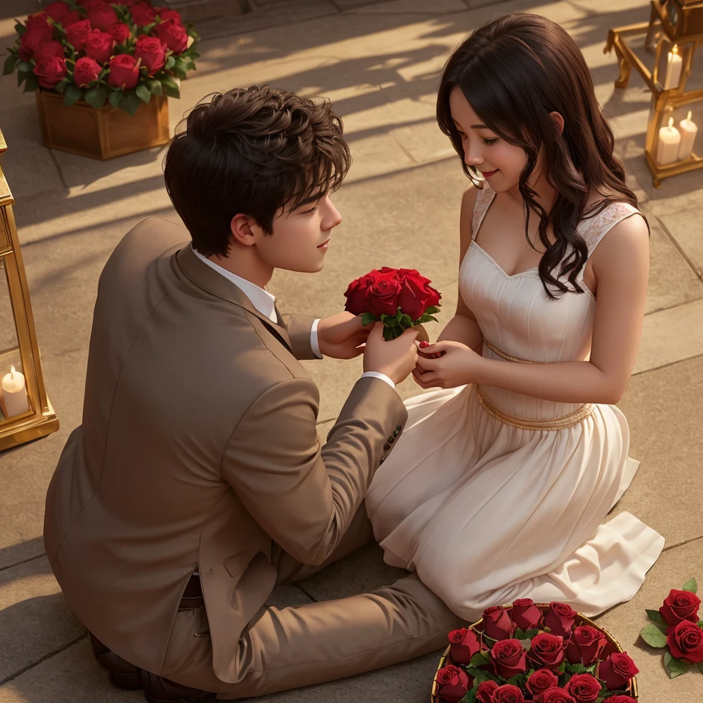 
Man kneeling offering to Standing woman a rose, hand in man back side chocolates box, symbolizing a proposal of love, embrace imminent, intense emotion conveyed in facial expressions, sunset backdrop casts warm glow on scene, shadows lengthening, romantic atmosphere accentuated by scattered rose petals, soft focus, uses golden ratio, digital painting.