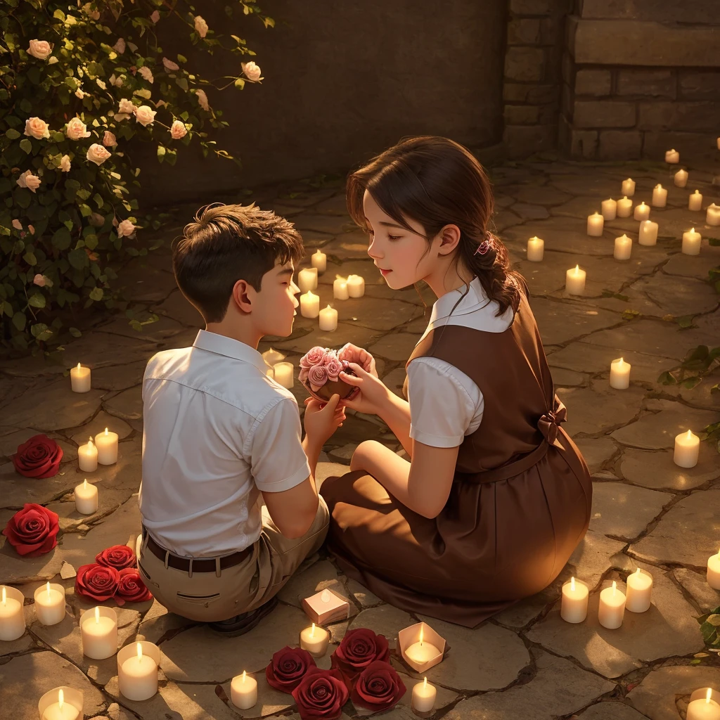
Man kneeling offering to Standing woman a rose, hand in man back side chocolates box, symbolizing a proposal of love, embrace imminent, intense emotion conveyed in facial expressions, sunset backdrop casts warm glow on scene, shadows lengthening, romantic atmosphere accentuated by scattered rose petals, soft focus, uses golden ratio, digital painting.