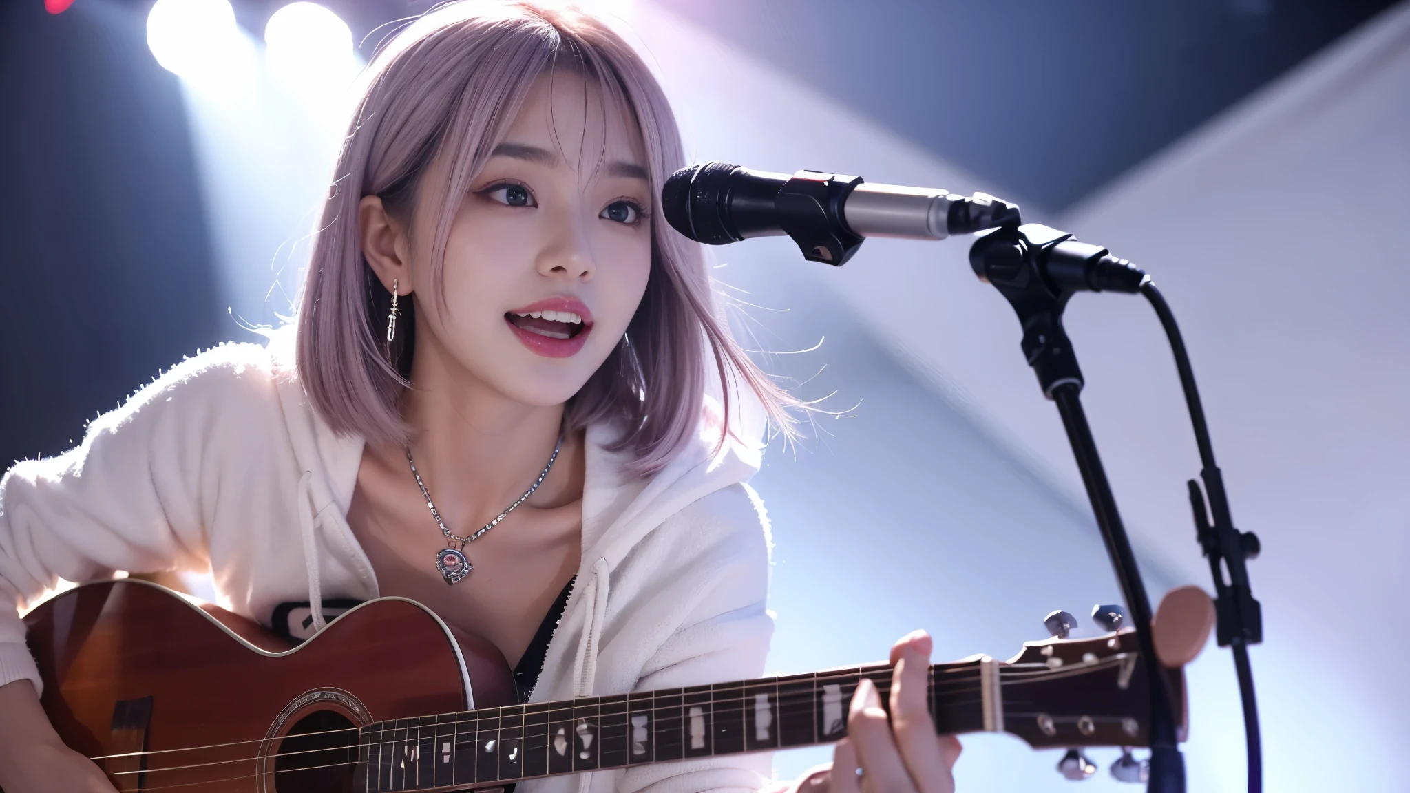 (table top:1.3, highest quality, realistic, super detailed, in detail, High resolution, 8k wallpaper), 1 beautiful girl, 25 years old, Face like a Korean idol, super cute face, band group vocals, wearing a white hoodie, Singing a song on an electric guitar, stand microphone, open your mouth, beautiful face, detailed face, beautiful eyes, fine eyes, Sounds like fun, doesn't it?、smile, earrings, necklace, guitar details, (Straight guitar neck and strings), medium bob hair, silver hair, pink mesh hair color, On stage, Spotlight, look at the audience、